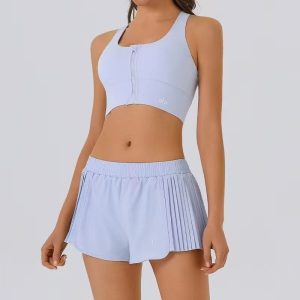 Ensemble Alo Bleu Ciel Brassière Zip & Short Plissé